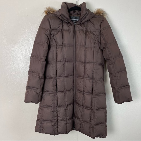 Weatherproof brown long puffer jacket with hood - Picture 2 of 12